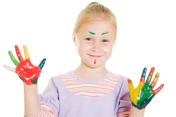 Χαριτωμένο κορίτσι παίζει με τα χρώματα — Φωτογραφία Αρχείου