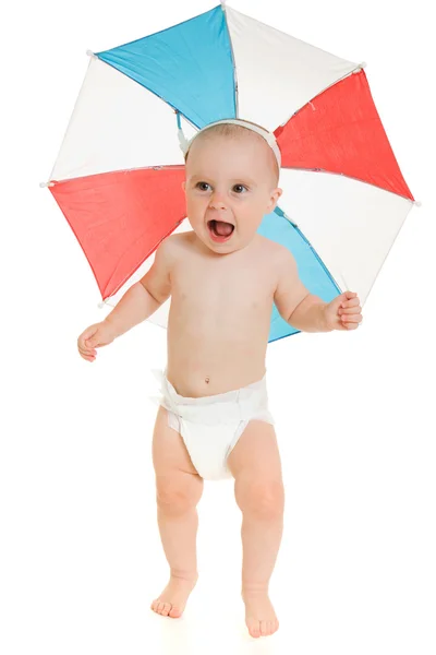 Il ragazzo con un ombrello in testa . — Foto Stock