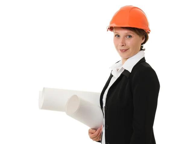 Zakenvrouw in een helm op een witte achtergrond. — Stockfoto