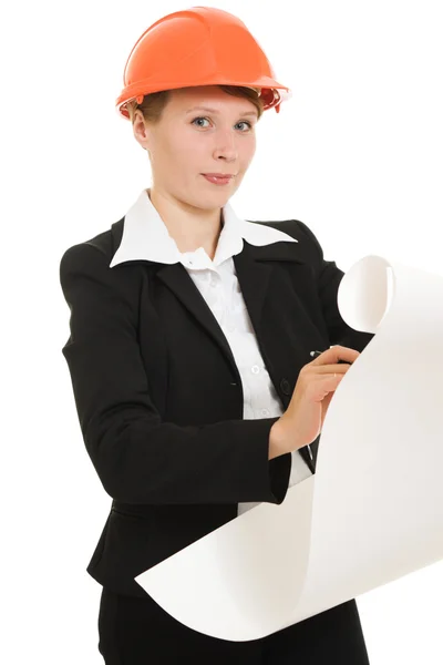 Affärskvinna i en hjälm på en vit bakgrund. — Stockfoto