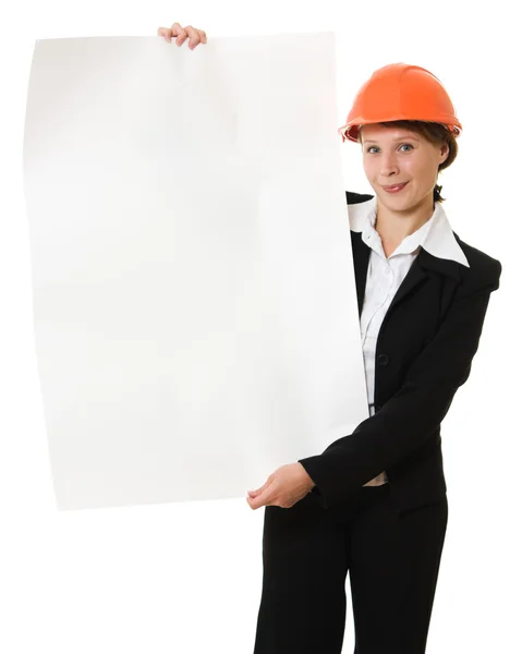Mulher de negócios em um capacete em um fundo branco . — Fotografia de Stock
