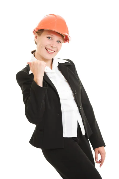 Imprenditrice in casco su sfondo bianco . — Foto Stock