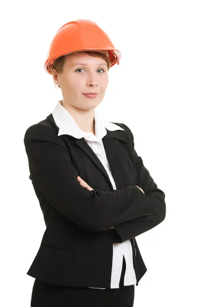 女性実業家、ヘルメット、白い背景の上に. — ストック写真