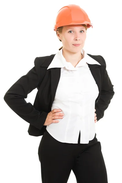 Affärskvinna i en hjälm på en vit bakgrund. — Stockfoto