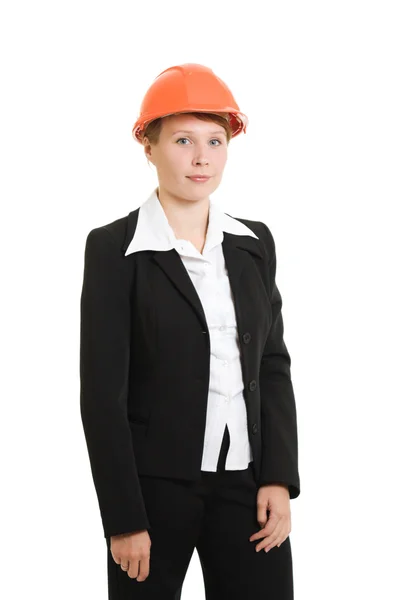 Femme d'affaires dans un casque sur un fond blanc . — Photo