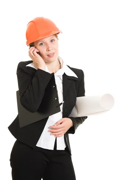 Geschäftsfrau mit Helm auf weißem Hintergrund. — Stockfoto