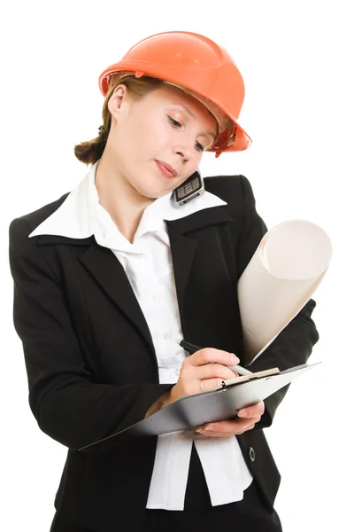 Geschäftsfrau mit Helm auf weißem Hintergrund. — Stockfoto
