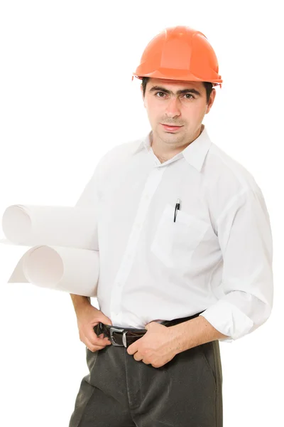 Businessman in helmet with Whatman paper. — Stock Photo, Image