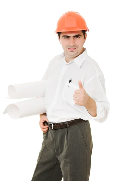 Uomo d'affari in casco con carta Whatman . — Foto Stock