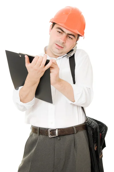 Занятый бизнесмен в шлеме на белом фоне . — стоковое фото