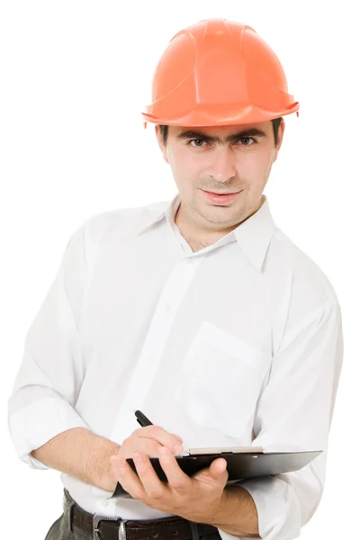 Empresário ocupado em seu capacete em um fundo branco . — Fotografia de Stock