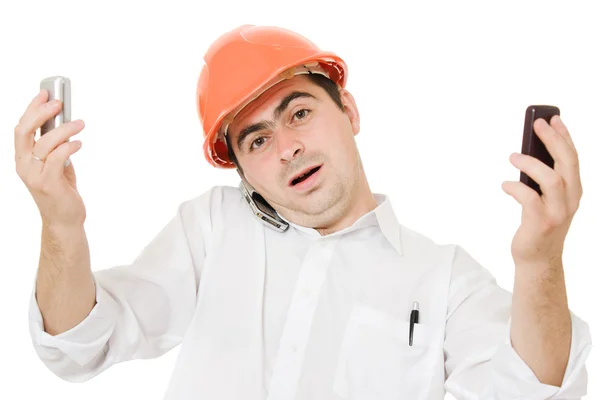 Crazy businessman in his helmet on the phone. — Stock Photo, Image