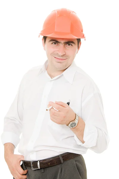 Empresário de capacete com cigarro . — Fotografia de Stock