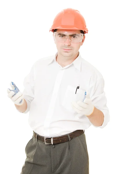 Бизнесмен в шлеме на белом фоне . — стоковое фото