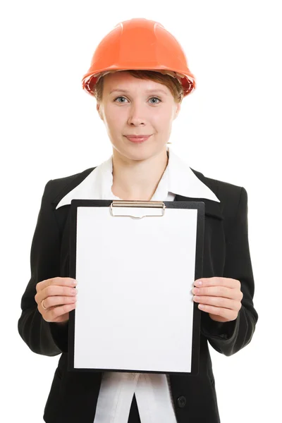 Businesswoman in a helmet on a white background. Stock Picture