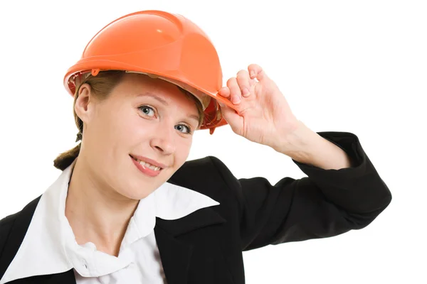 Businesswoman in a helmet on a white background. Royalty Free Stock Images