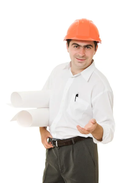 Businessman in helmet with Whatman paper. Royalty Free Stock Photos