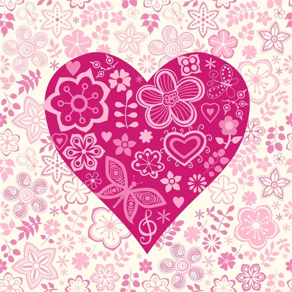 Liefde naadloze patroon met hart en bloemen — Stockvector