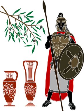 Ancient hellenic warrior and jugs clipart