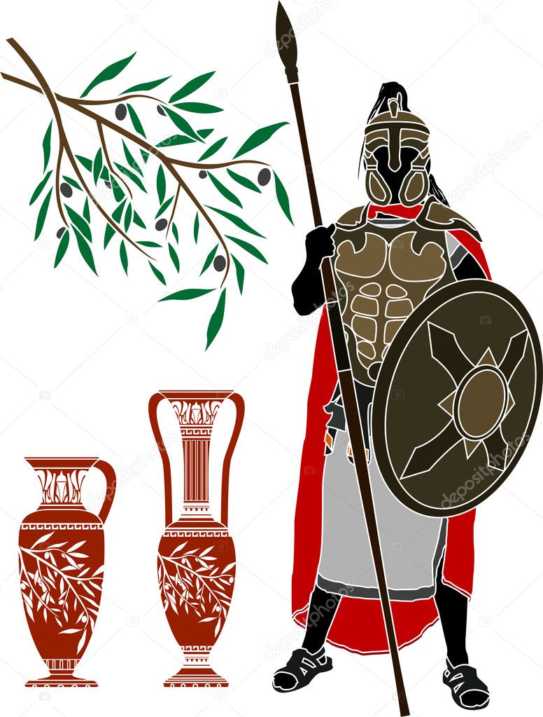 Ancient hellenic warrior and jugs