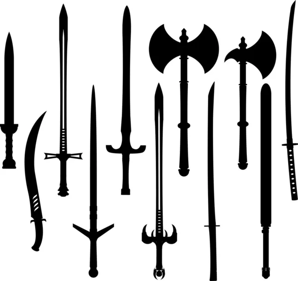 Conjunto de espadas y hachas siluetas — Vector de stock