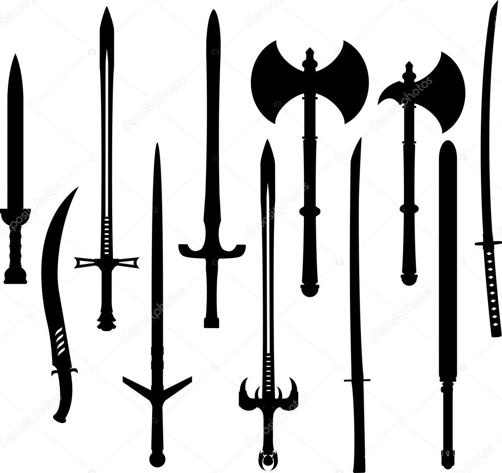 Set of swords and axes silhouettes