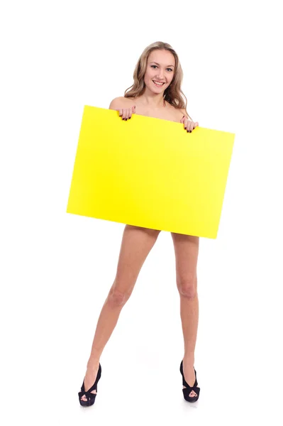 Mujer mantenga rectángulo amarillo —  Fotos de Stock