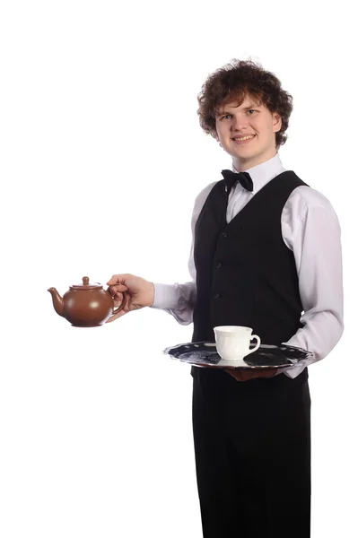 Číšník s hnědá keramická konvice — Stock fotografie