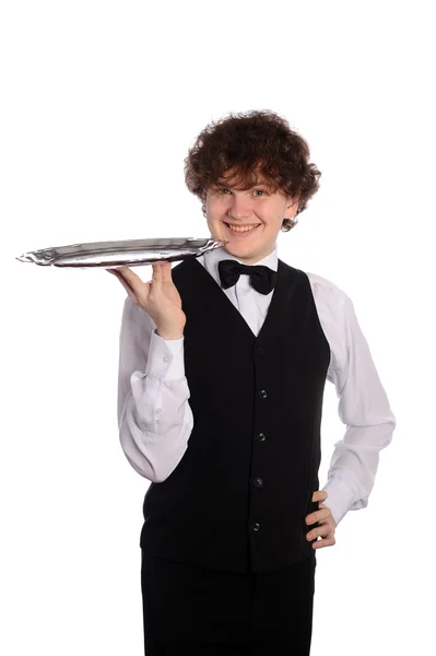 Красивая официантка с подносом — стоковое фото