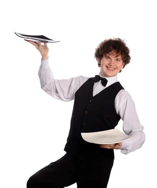 Handsome waitress with plates — Stock Photo, Image