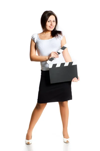 Young woman holding a clapper — Stock Photo, Image