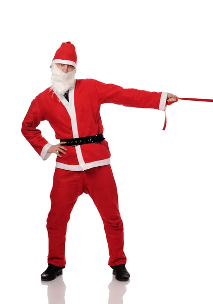 Santa Claus hold red ribbon — Stock Photo, Image