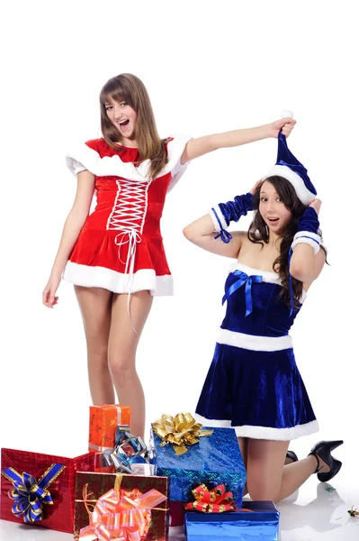 Meninas brincalhões em roupas de Natal — Fotografia de Stock