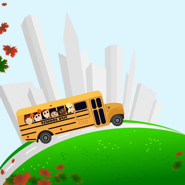 Ilustración vectorial de un autobús escolar, edificios y licencia de arce — Vector de stock