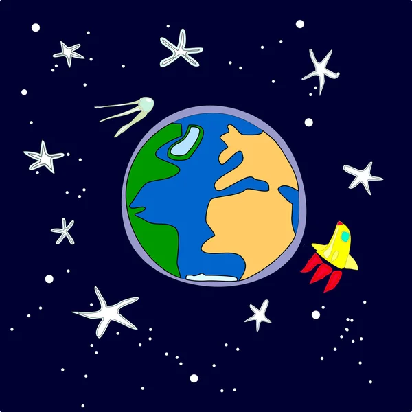 Illustration vectorielle de la Terre avec la fusée et les satellites — Image vectorielle