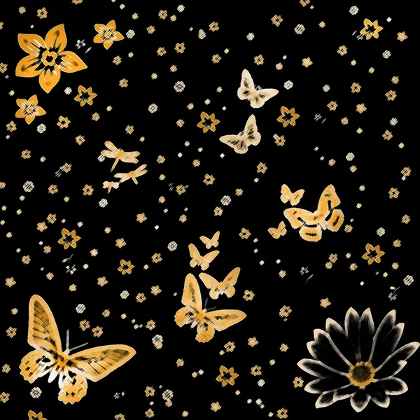 Fundo escuro com borboletas e flor — Fotografia de Stock