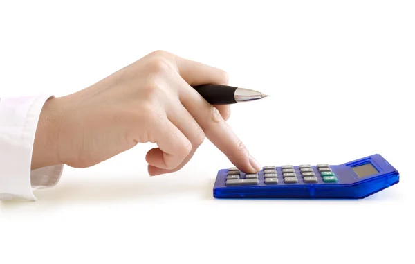 Hand with pen counting on the calculator — Stock Photo, Image