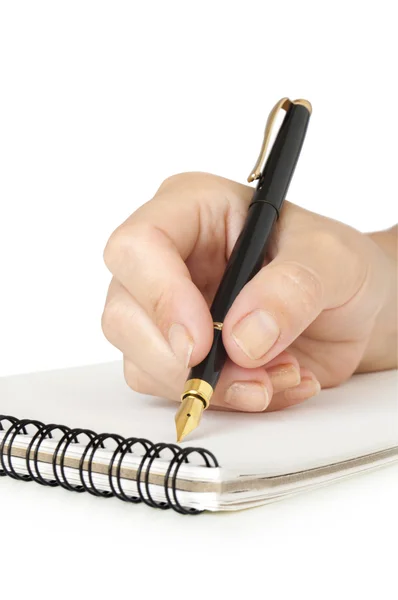Hand mit Stift auf Notizbuch schreiben — Stockfoto