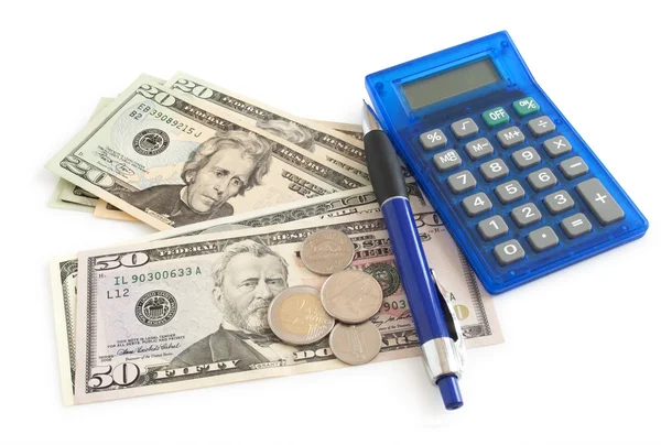 Kalkulačka a dolarů na stůl — Stock fotografie