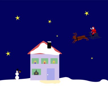 Noel Baba onun ren geyiği kızak üzerinde bir ev üst üzerinde sürme