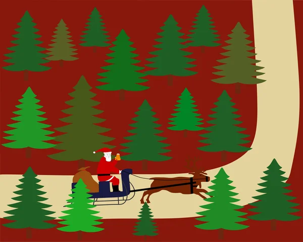 산타 클로스는 숲을 통해 서 그의 순 록 썰매를 타고 — 스톡 사진
