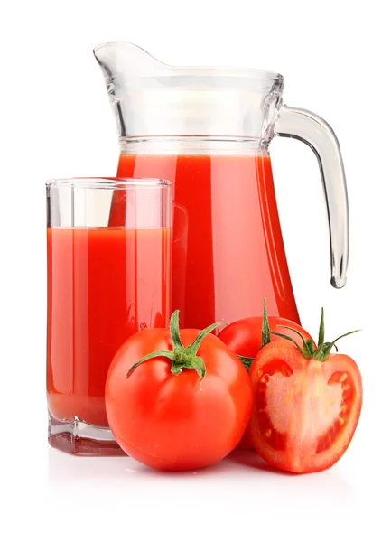 stock image Jug, glass of tomato juice and fruits with green leaves isolated