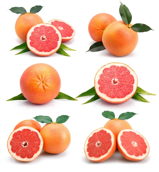 Набір плодів грейпфрута з розрізами і зеленим листям ізольовані — стокове фото