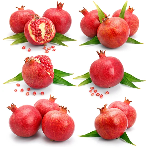 Set os pomegranate fruits with green leaf and cuts isolated — Stock Photo, Image