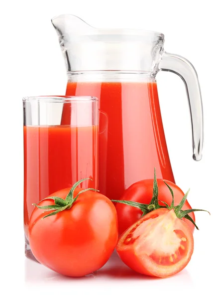 stock image Jug, glass of tomato juice and vegetables isolated