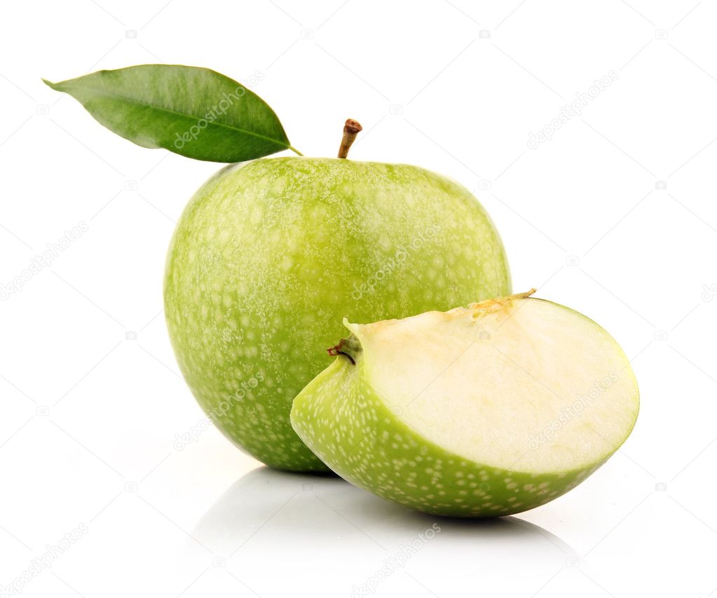 Ripe green apple with slices isolated