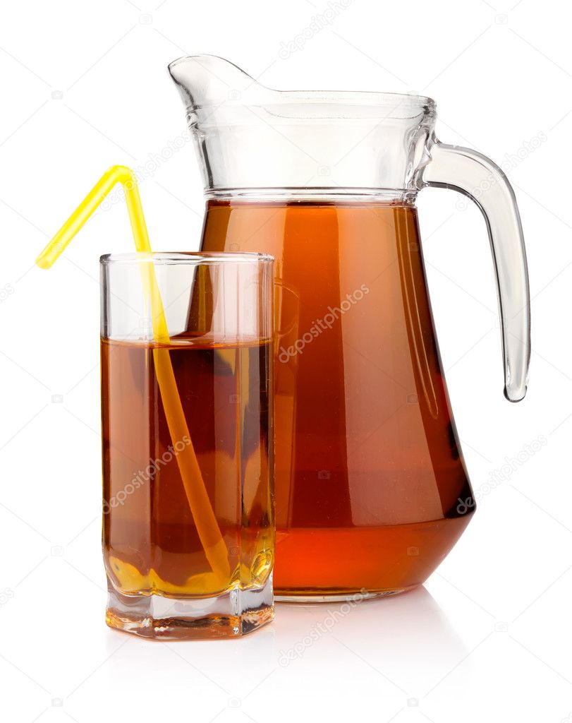 Jug and glass of green apple juice isolated