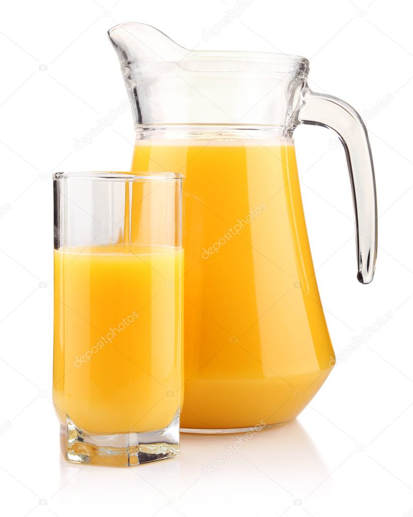 Jug and glass of orange juice isolated on white