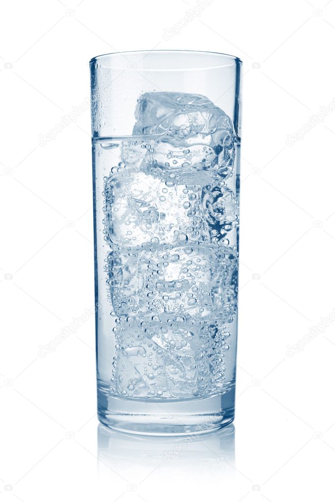 Full glass of fresh cool carbonated water with ice isolated