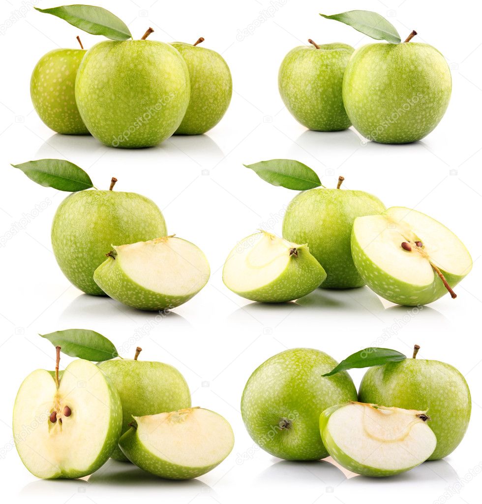 Set of green apple fruits with leaf isolated